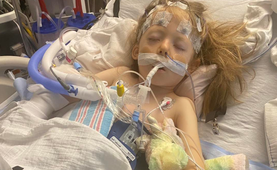 Mother says ‘what was supposed to be a routine procedure’ has left her young daughter fighting for her life after the child went into cardiac arrest and her lungs filled with fluid