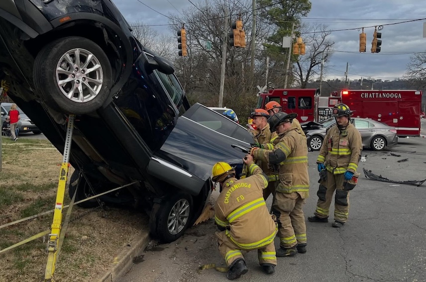 Chattanooga firefighters rescue trapped driver after unusual crash