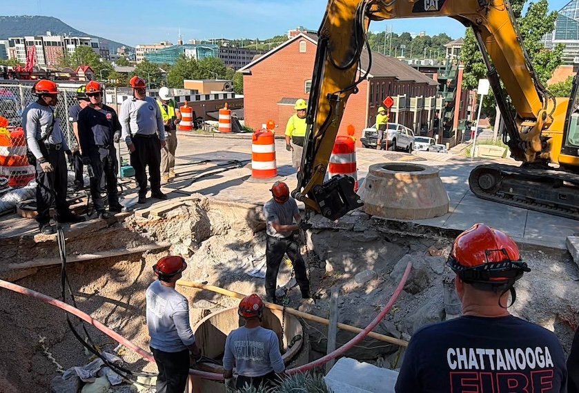 Chattanooga Fire Department assists Public Works crews during downtown sinkhole repairs